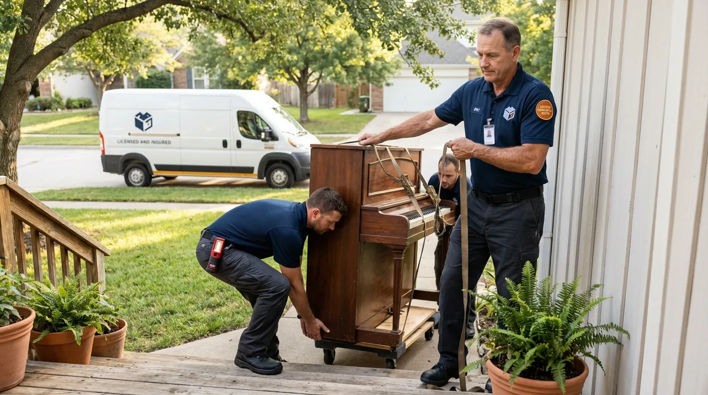 Licensed piano movers securing grand piano in Edgewood, NM