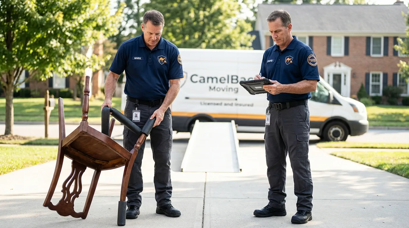 Movers inspecting furniture for damage prevention before loading in Edgewood, NM