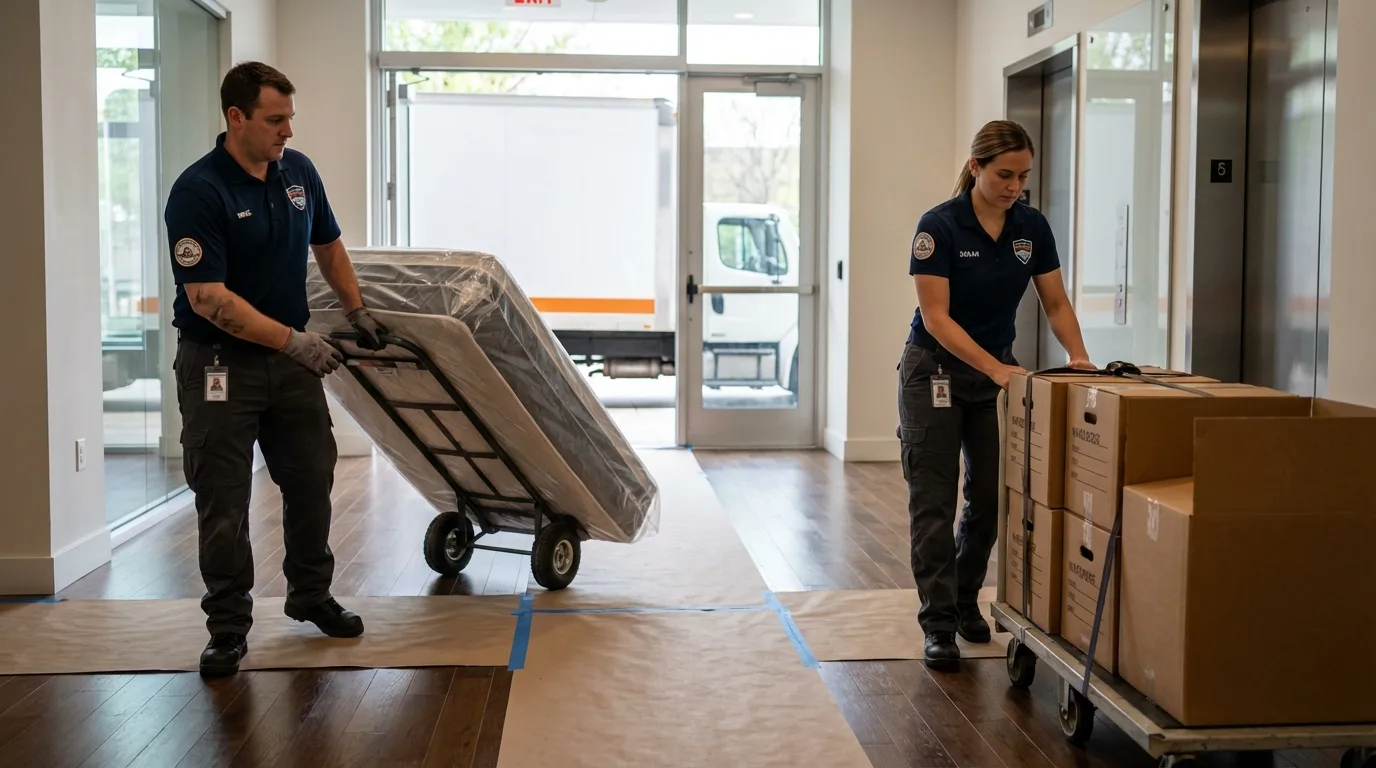 Professional apartment movers loading elevator in Edgewood, NM