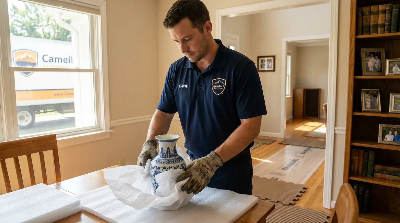 Professional crew carefully wrapping antique vase for senior downsizing move in Edgewood, NM