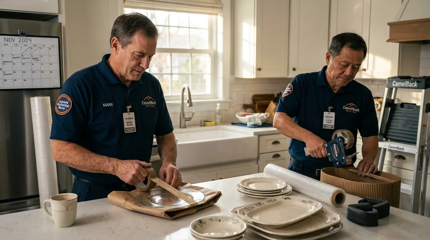 Professional crew packing kitchen dishware in Edgewood, NM